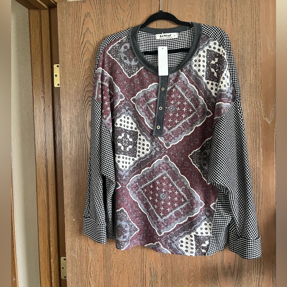 Three Bird Nest Patchwork Henley Top in Burgundy and Black